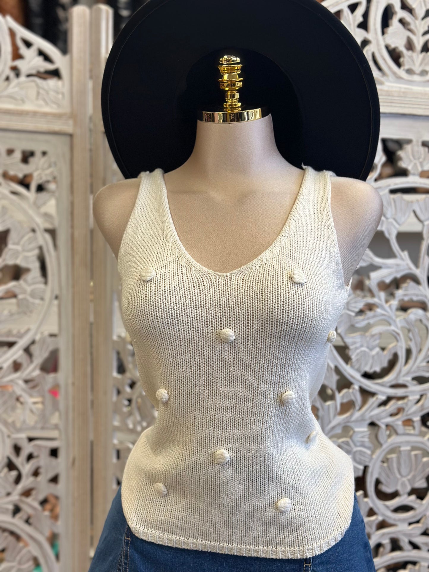 Ivory Knit Dotted Blouse- Estira, Stretchy