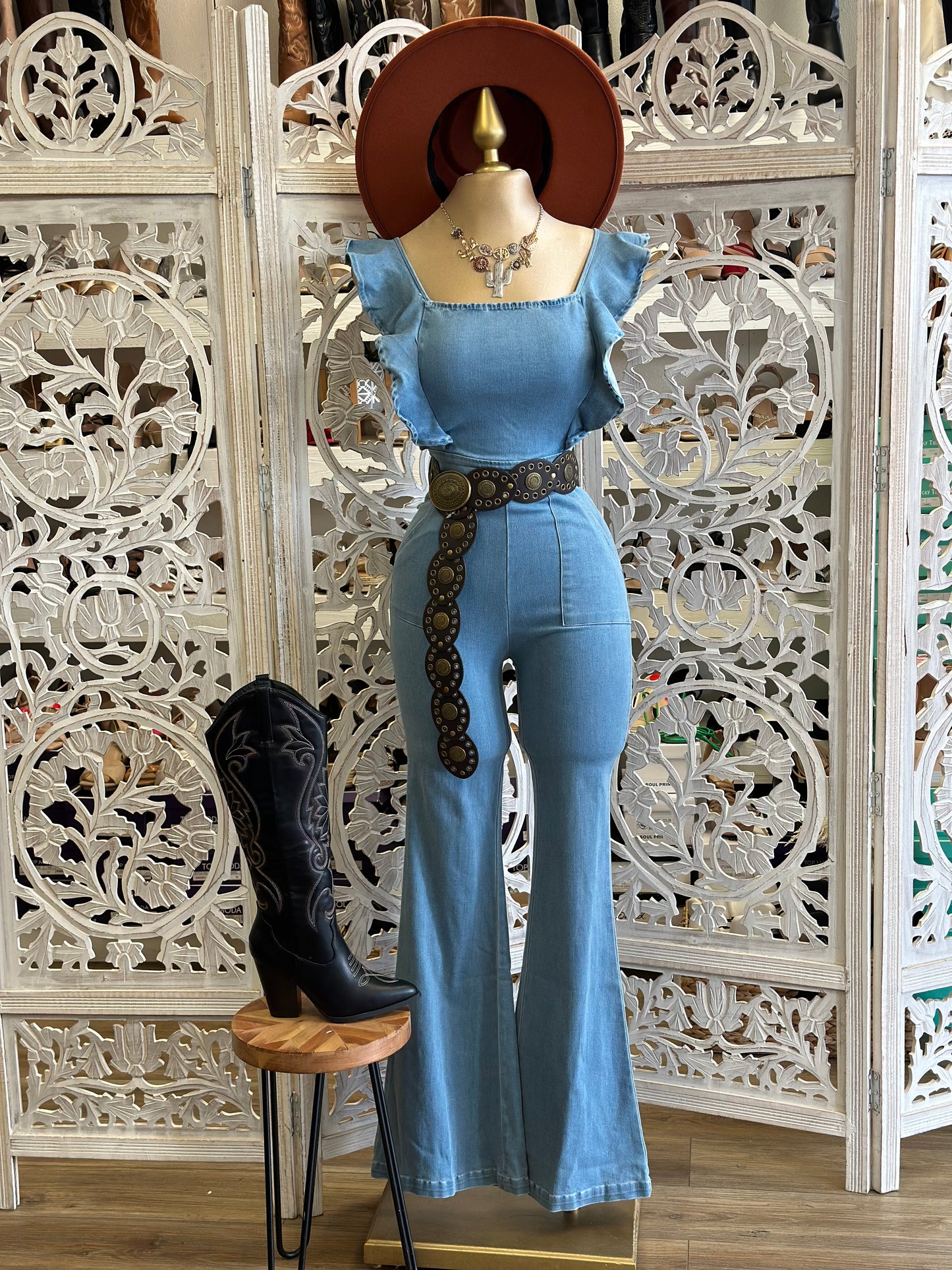 Ruffle Sleeve Light Denim Jumpsuit- Stretchy, Estira