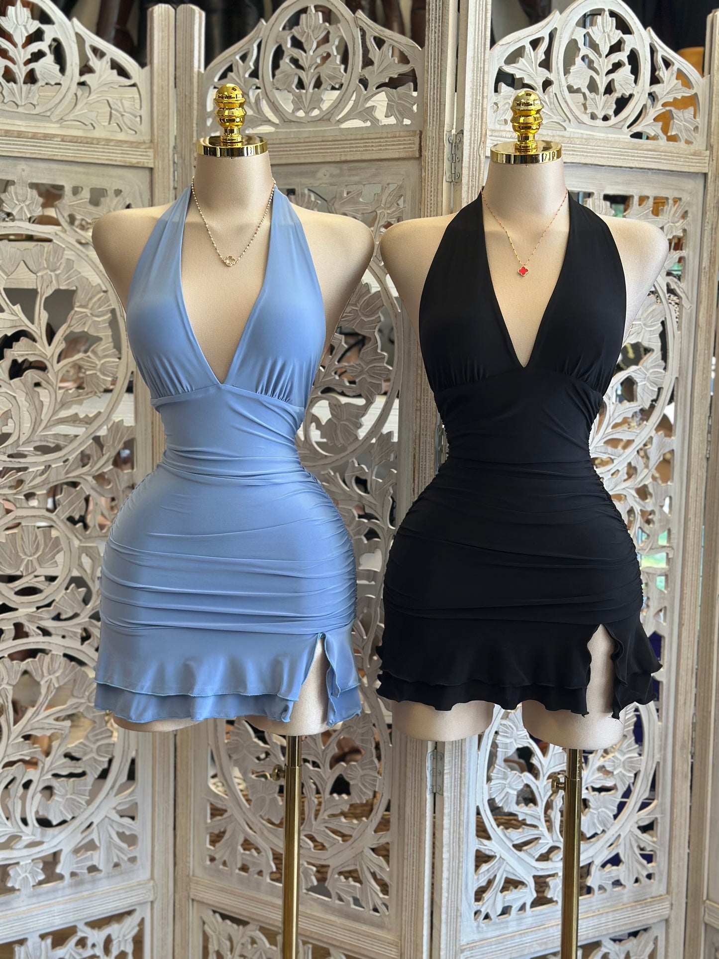 Deep V Backless Mini Dress- Stretchy,Estira