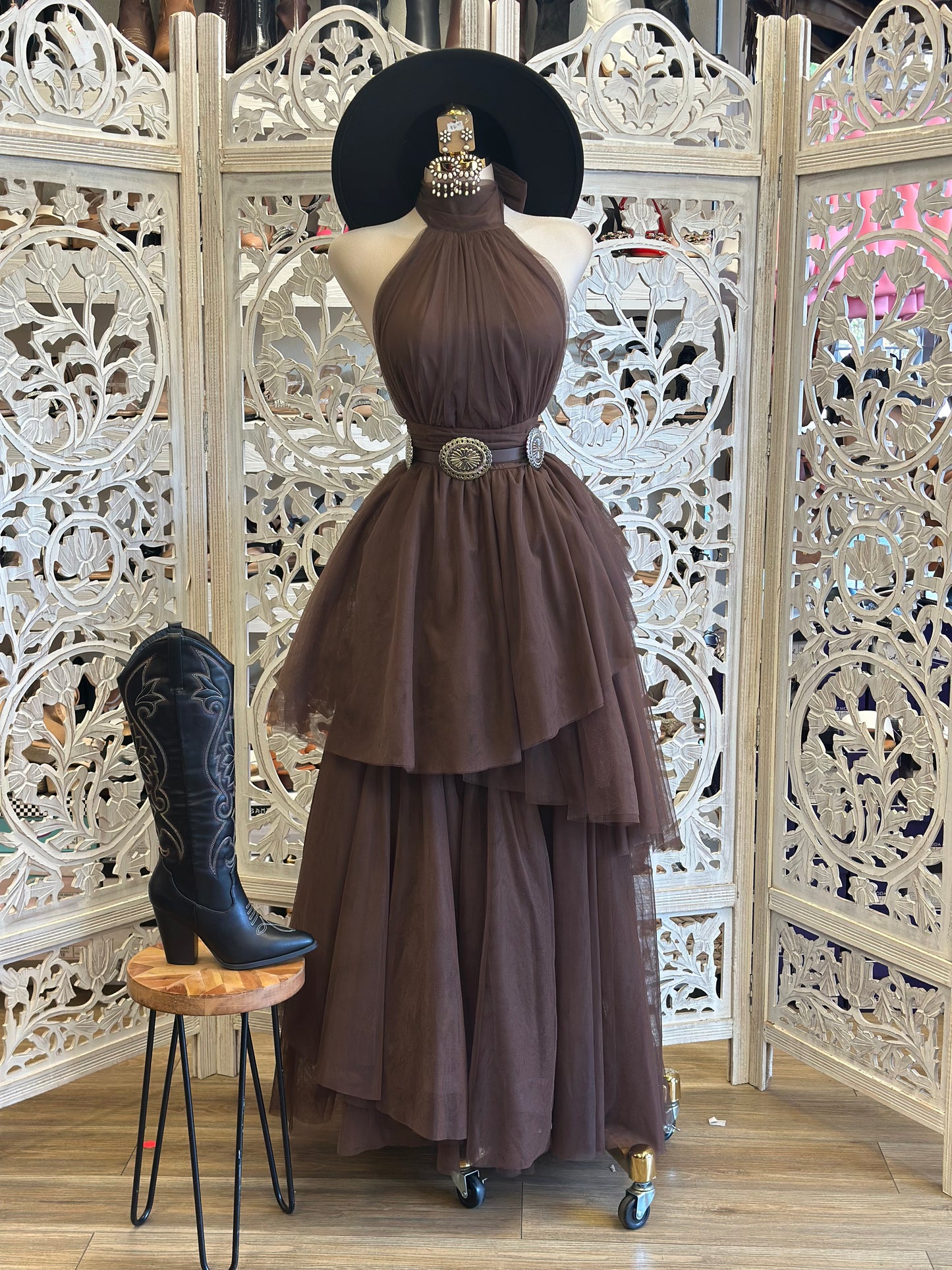 Earth BrownTulle High Neck Ruffle Dress- Not Stretchy, No Estira
