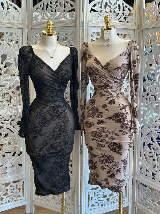 Wrapped Mesh Floral Bodycon Midi Dress-Estira Poco , Slightly Stretchy