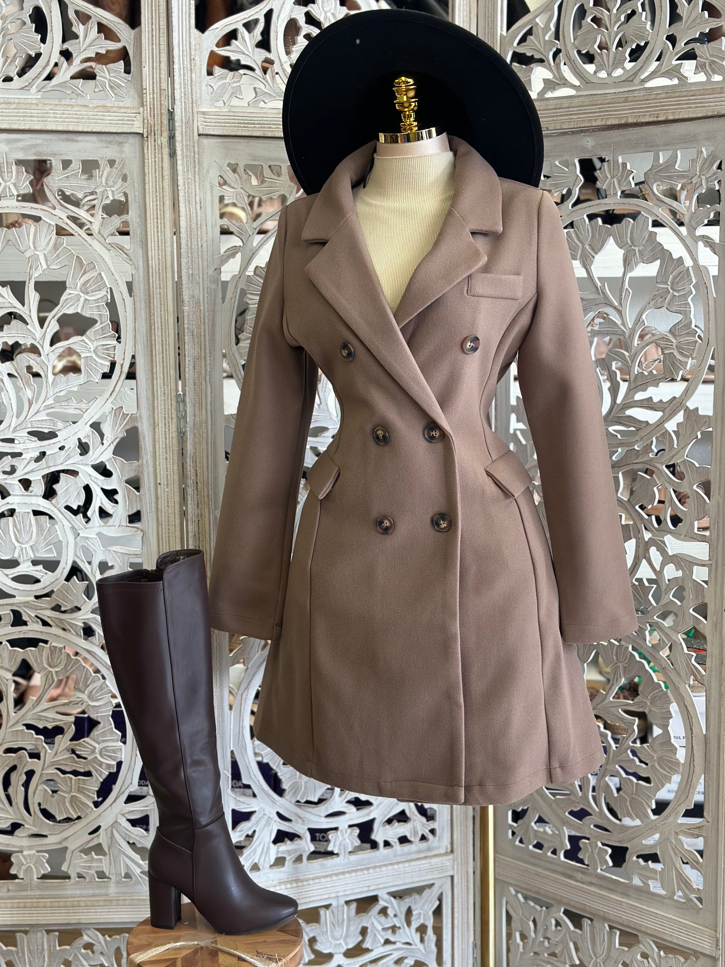 Taupe Two Button Coat- Stretchy, Estira