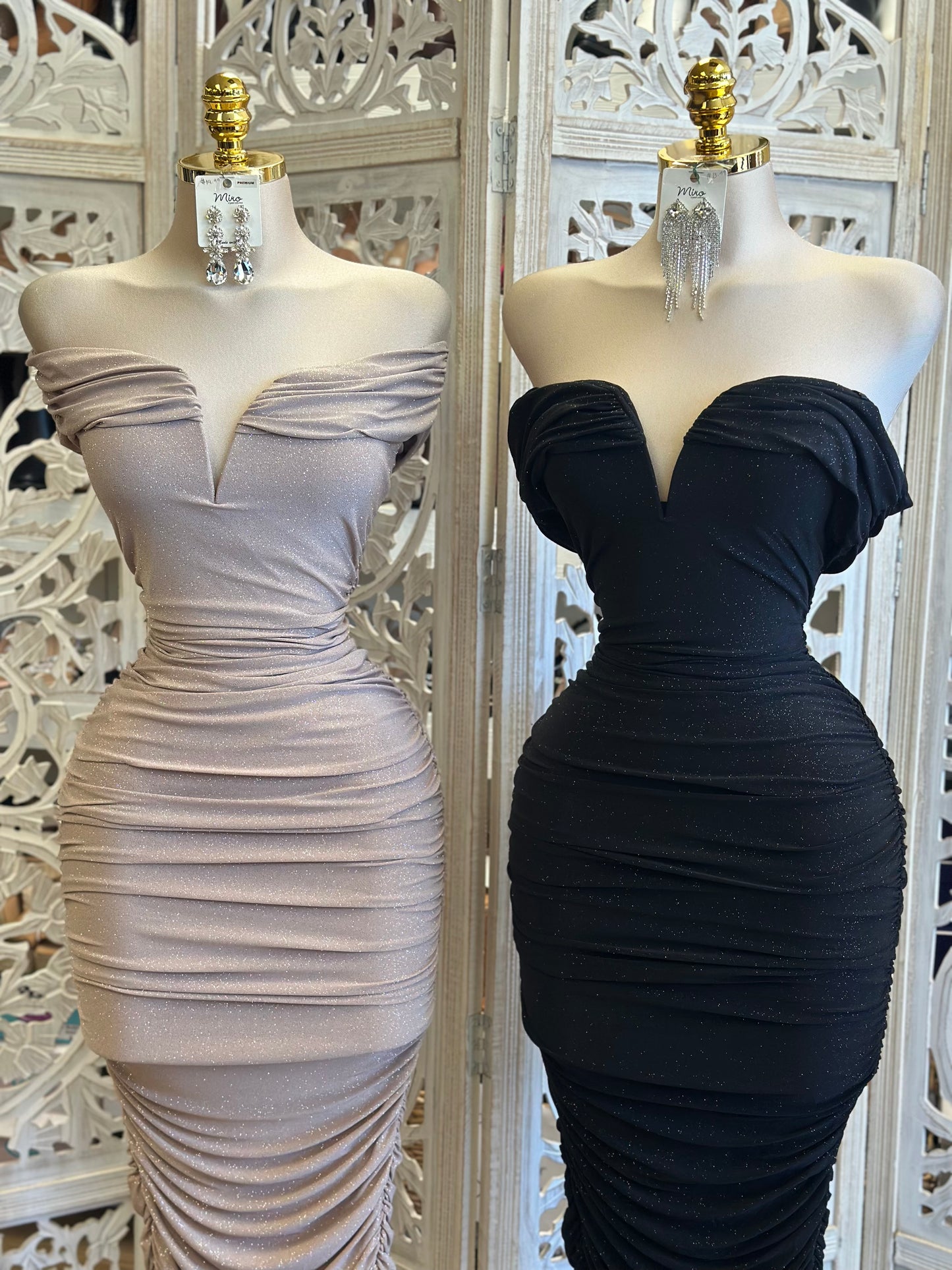 Glittery Heart line Off Shoulder Dress- Stretchy,Estira