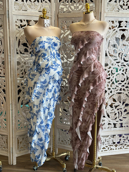 Strapless Ruffle Midi Dress- Stretchy,Estira