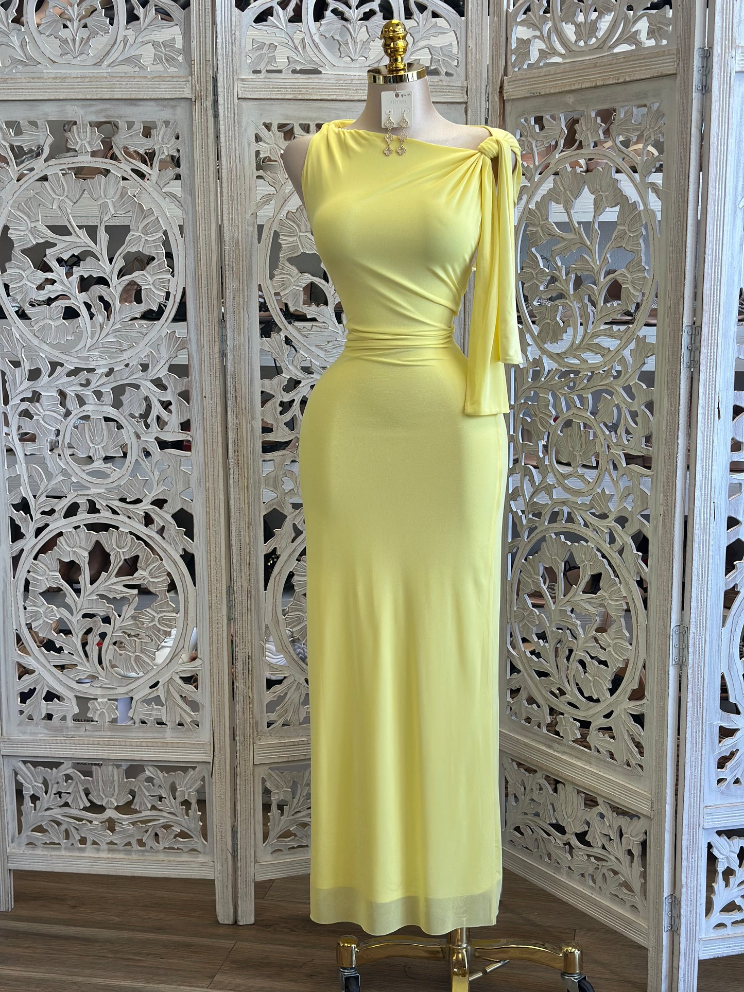 Asymmetrical Yellow Knotted Dress-Estira, Stretchy