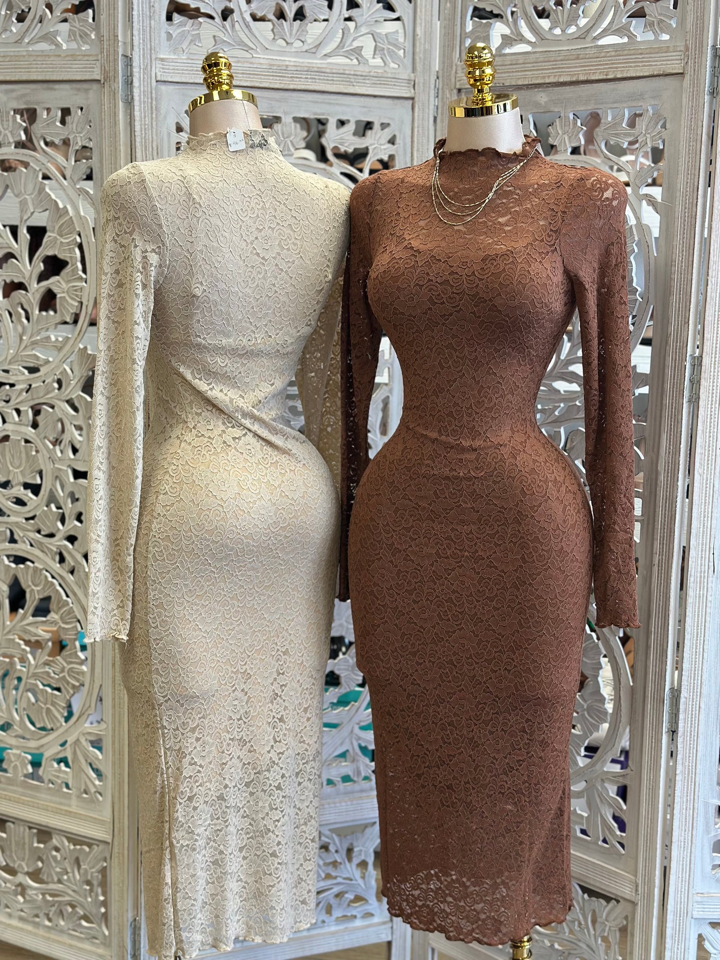 Mock Neck Lace Maxi Dress- Stretchy,Estira