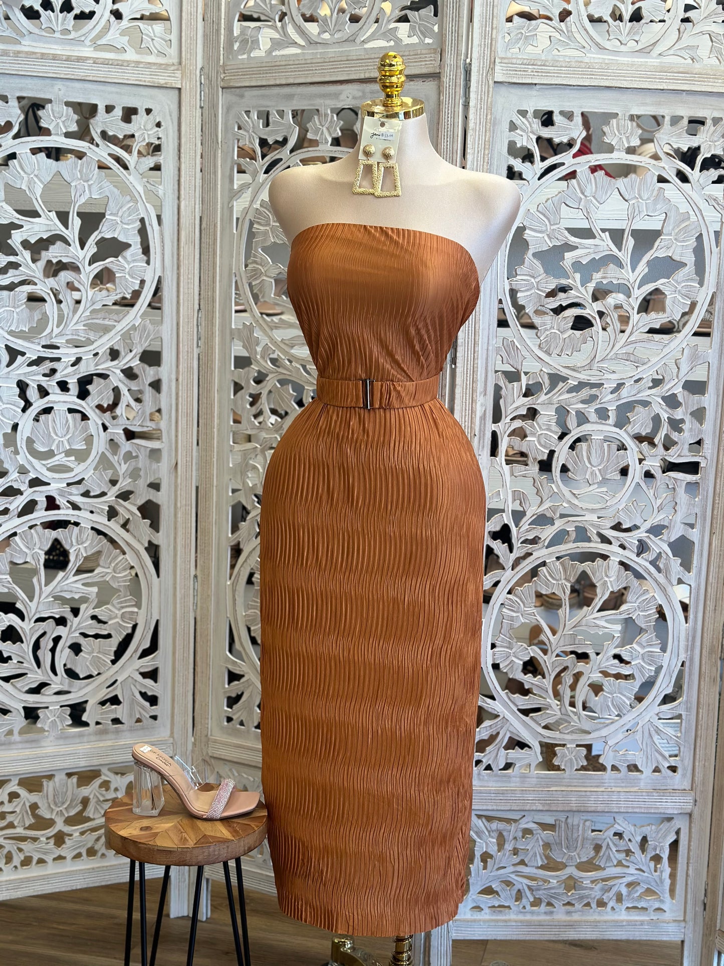 Pleated Rust Strapless Dress - Estira, Stretchy