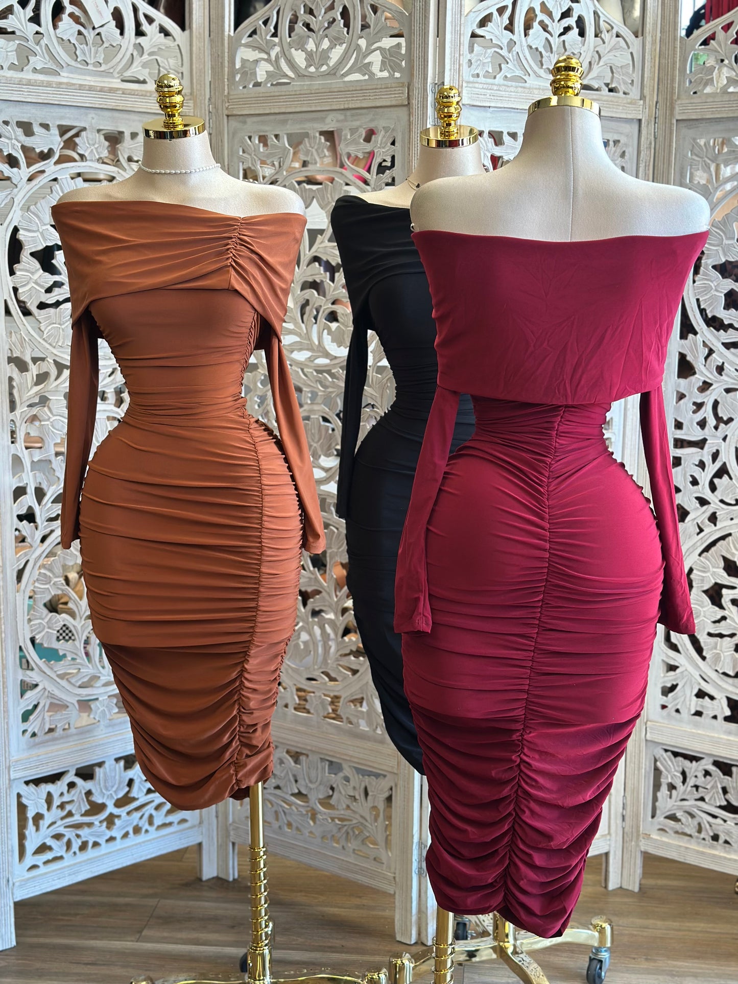Off Shoulder Ruched Midi Dress- Estira , Stretchy