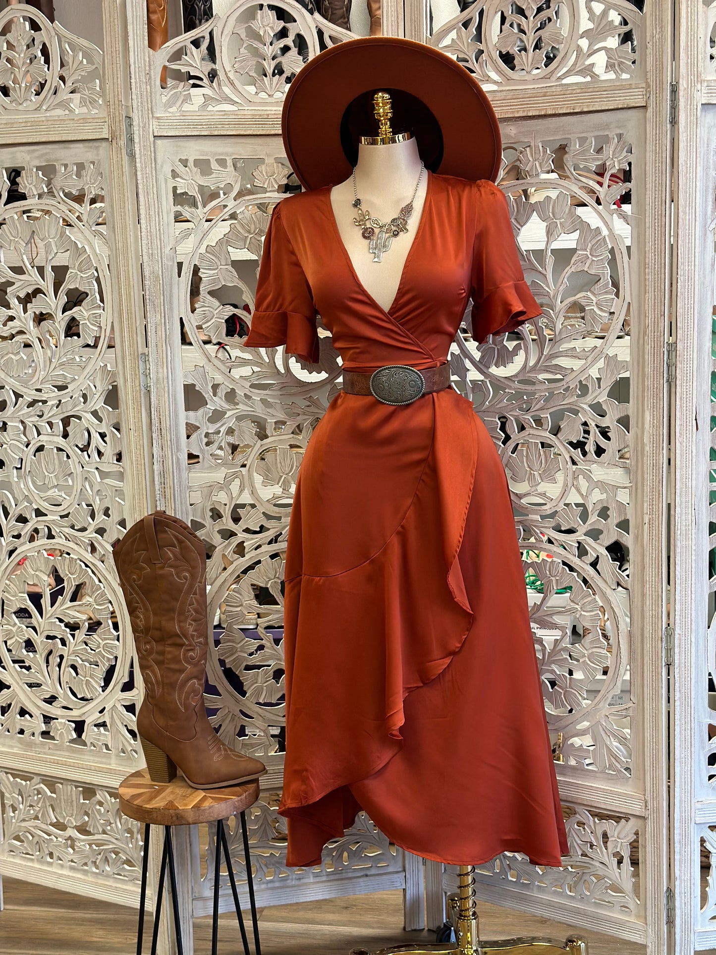 Deep Rust Wrapped Midi Satin Dress- Not Stretchy, No Estira