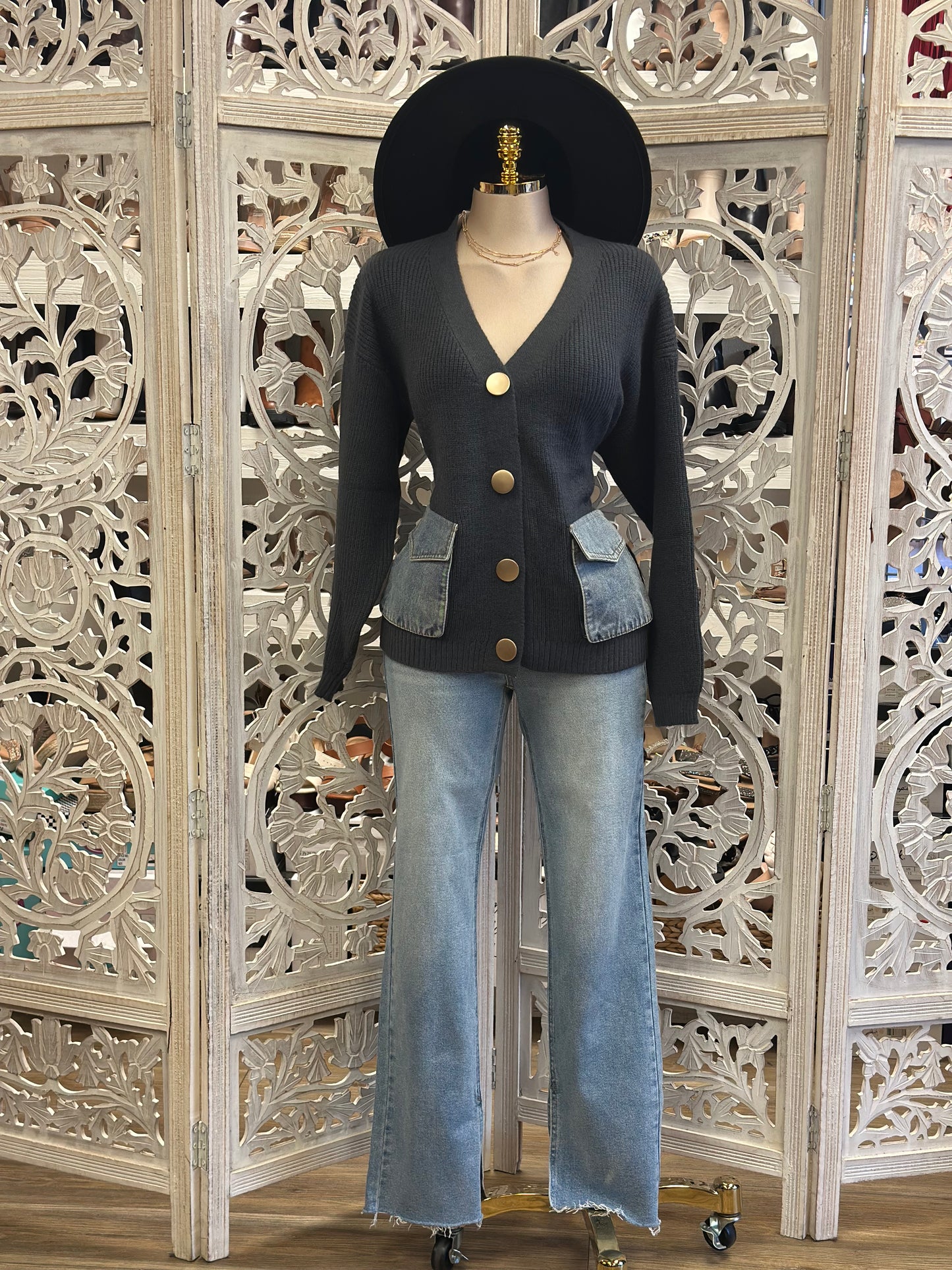 Denim Patchwork Gold Button Up Cardigan