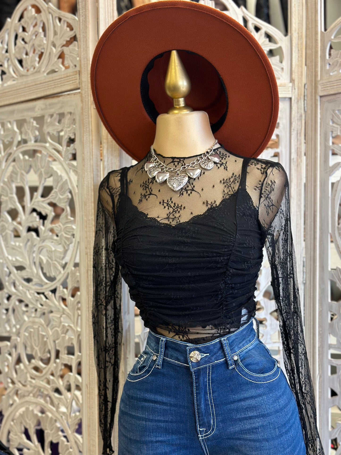 Black Lace Mock Necn Blouse- Stretchy, Estira