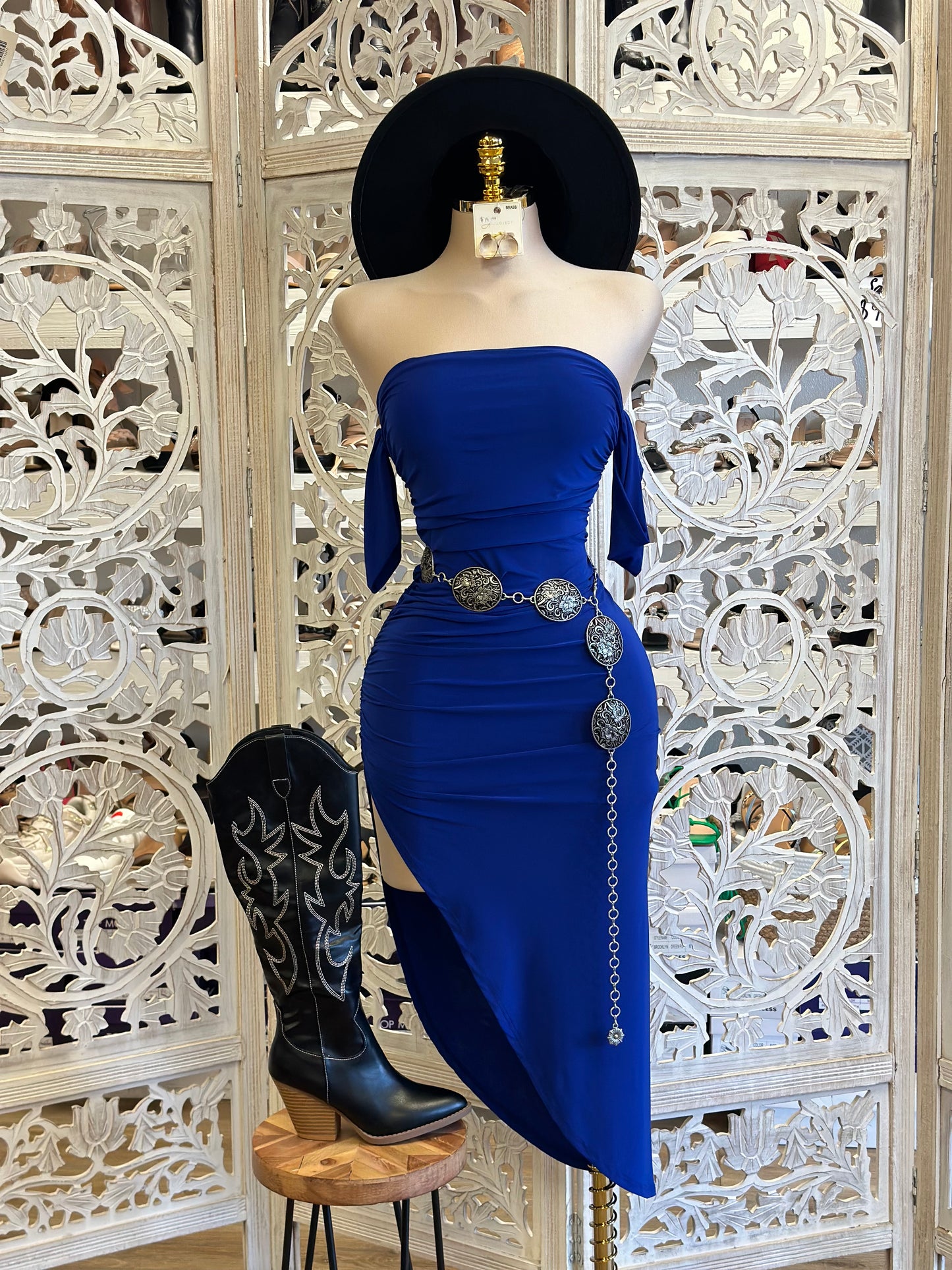 Royal Blue Off Shoulder Midi Slit Dress - Estira, Stretchy