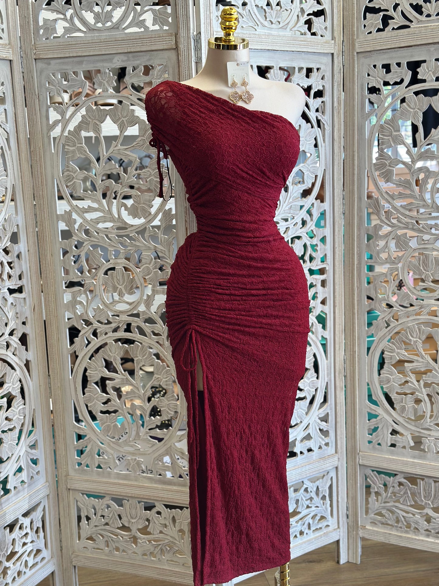 Burgundy Lace Asymmetrical Dress- Stretchy, Estira