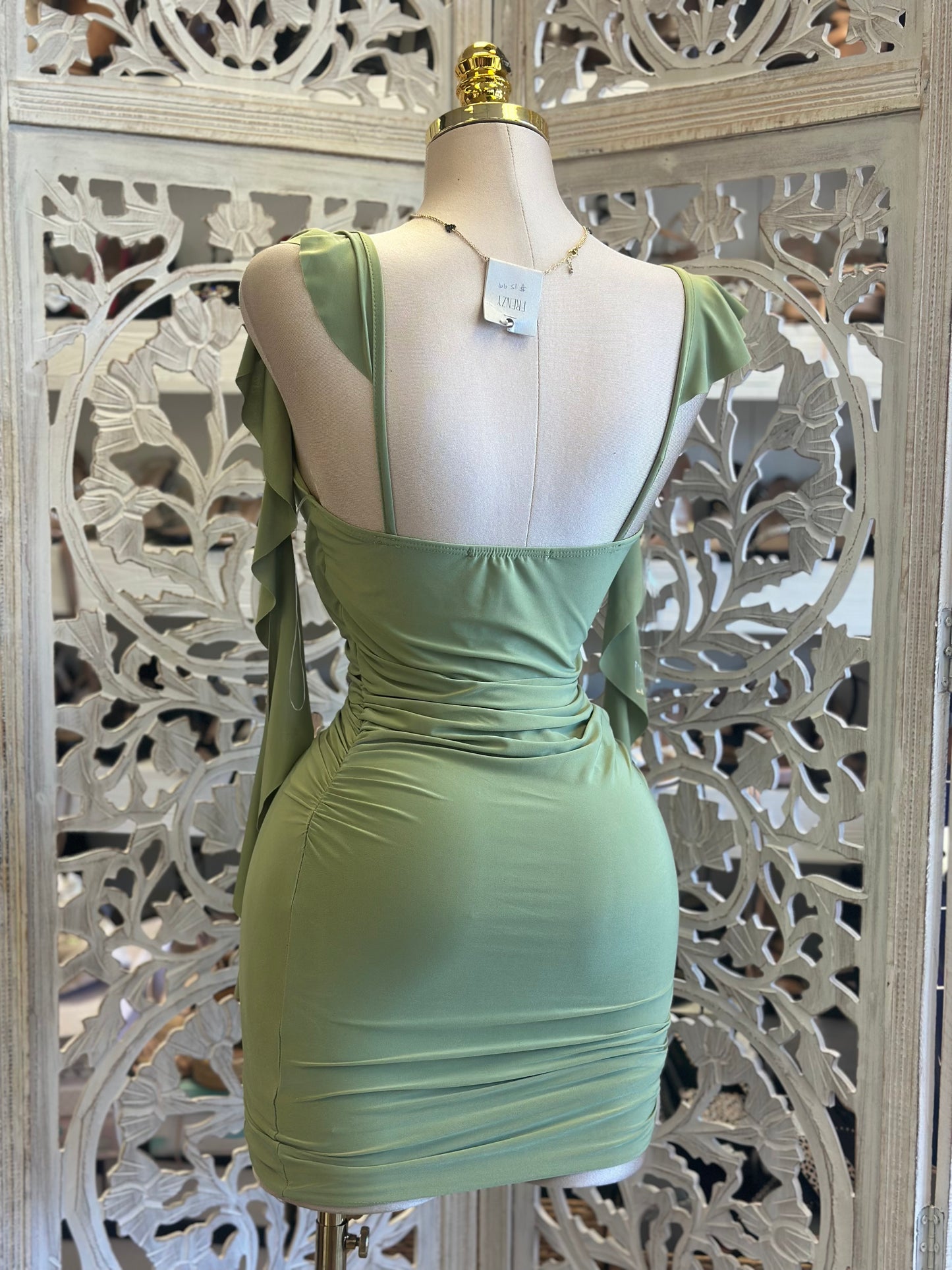 Green Flutter Sleeve Mini Dress-Estira, Stretchy