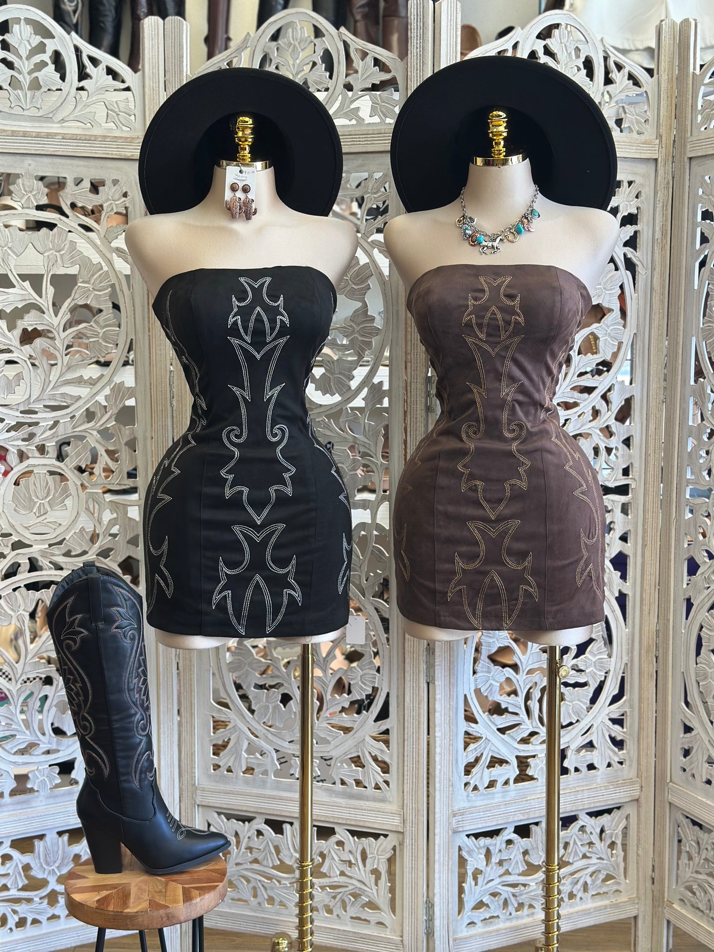 Strapless Western Embroidered Dress- Stretchy