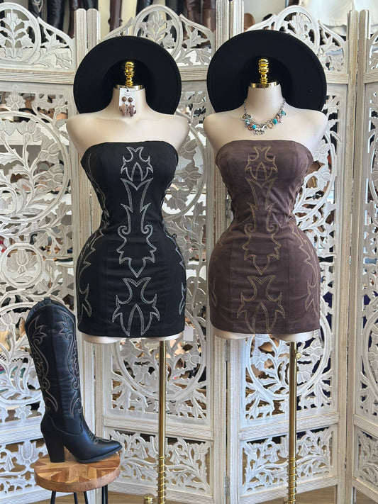 Strapless Western Embroidered Dress- Stretchy