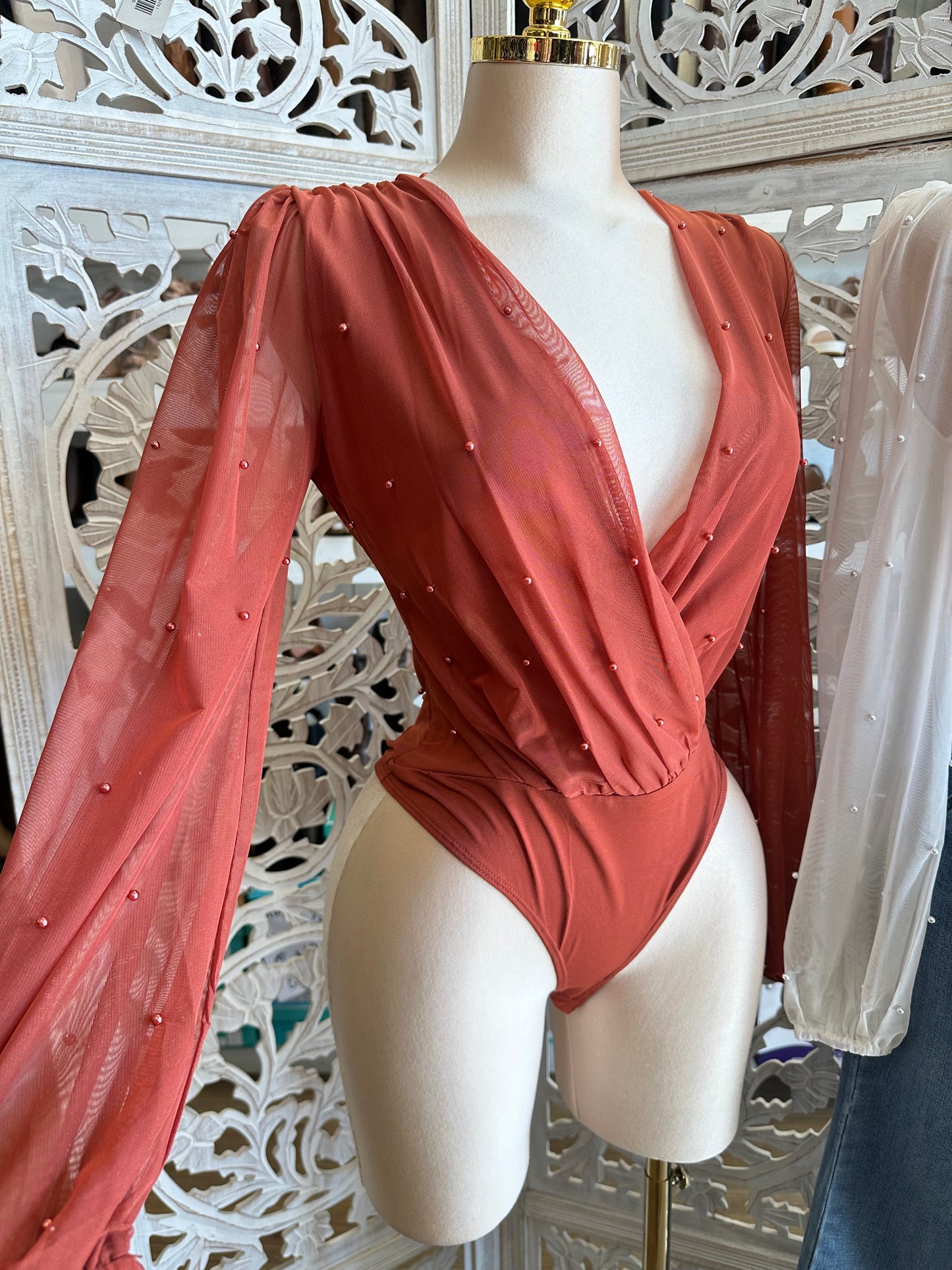 Wrapped Pearl Detail Bodysuit- Estira, Stretchy