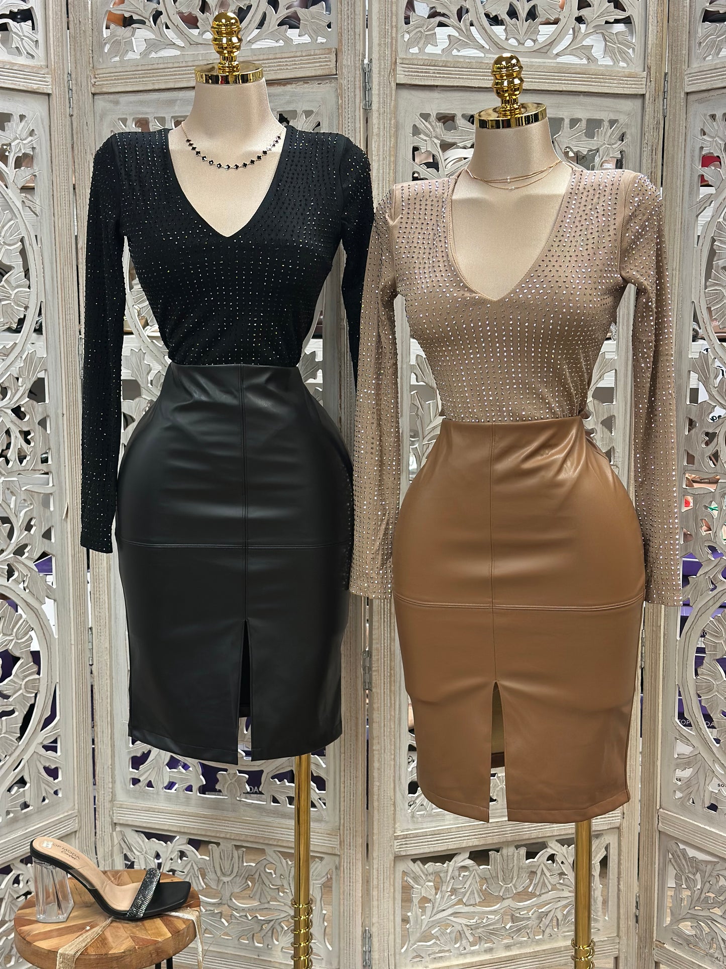 Rhinestone Deep V Bodysuit- Estira, Stretchy