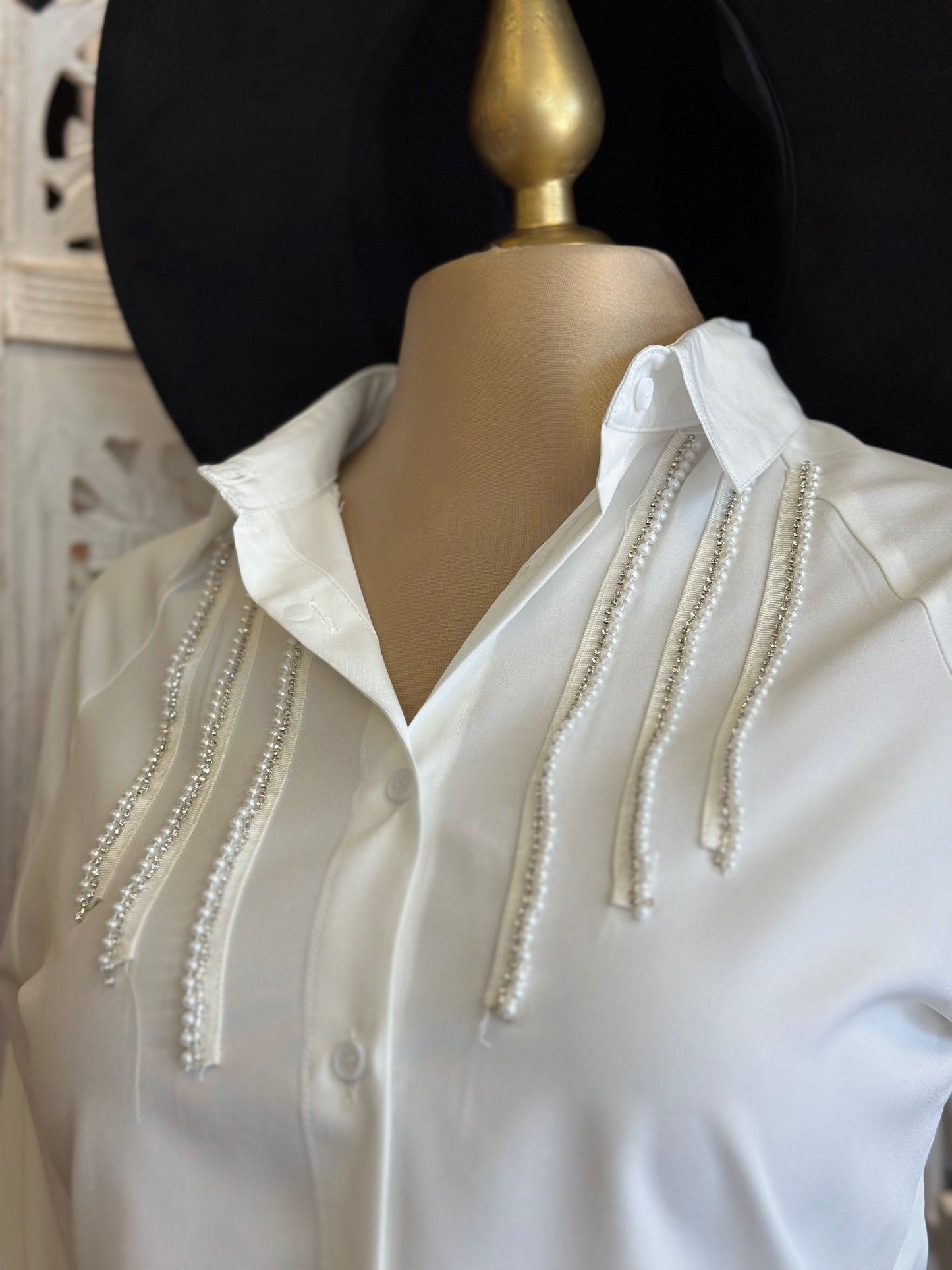 Ivory Dainty Rhinestone Blouse- Stretchy