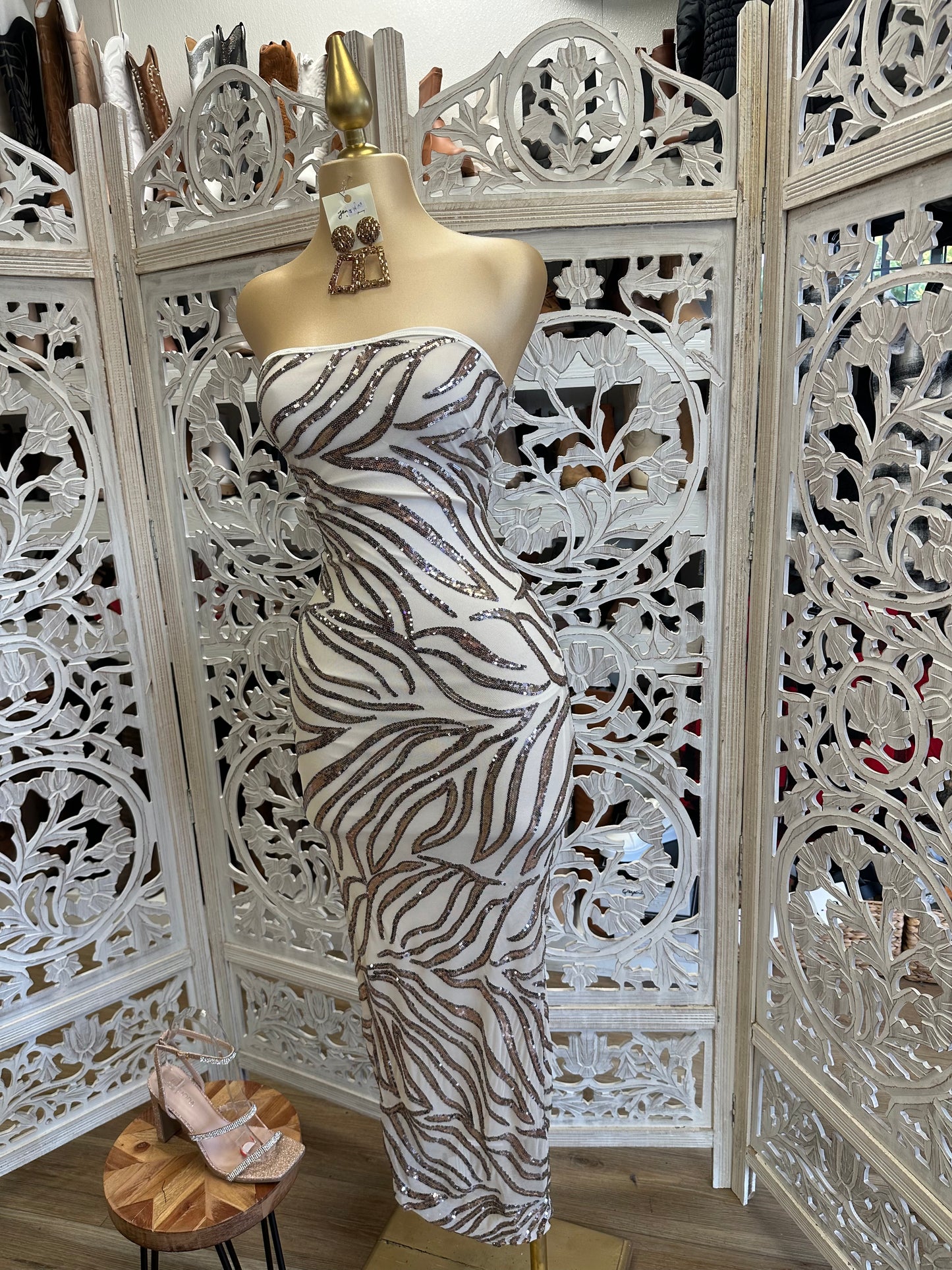 White Strapless Sequin Pattern Midi Dress