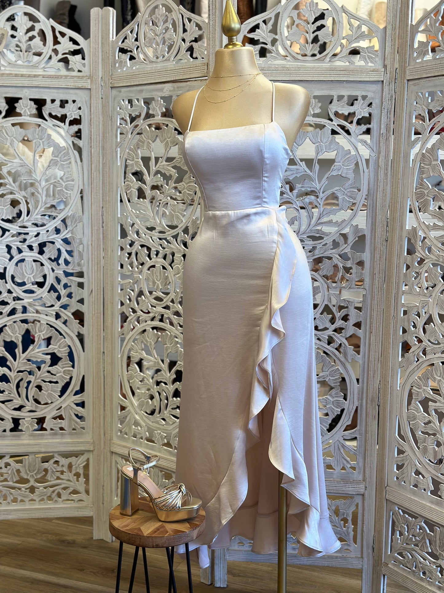 Champagne Strappy Ruffle Dress-Not Stretchy