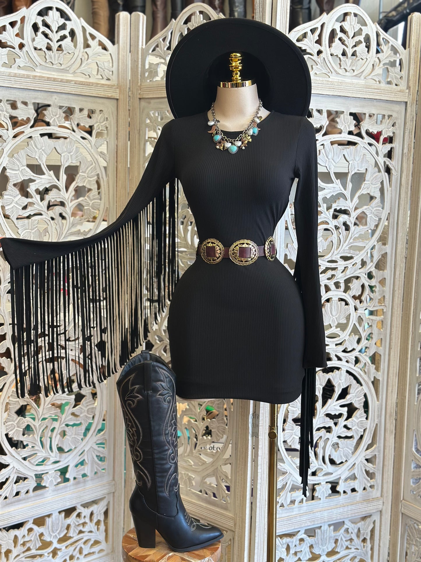 Black Fringe Sleeve Mini Dress -Estira, Stretchy