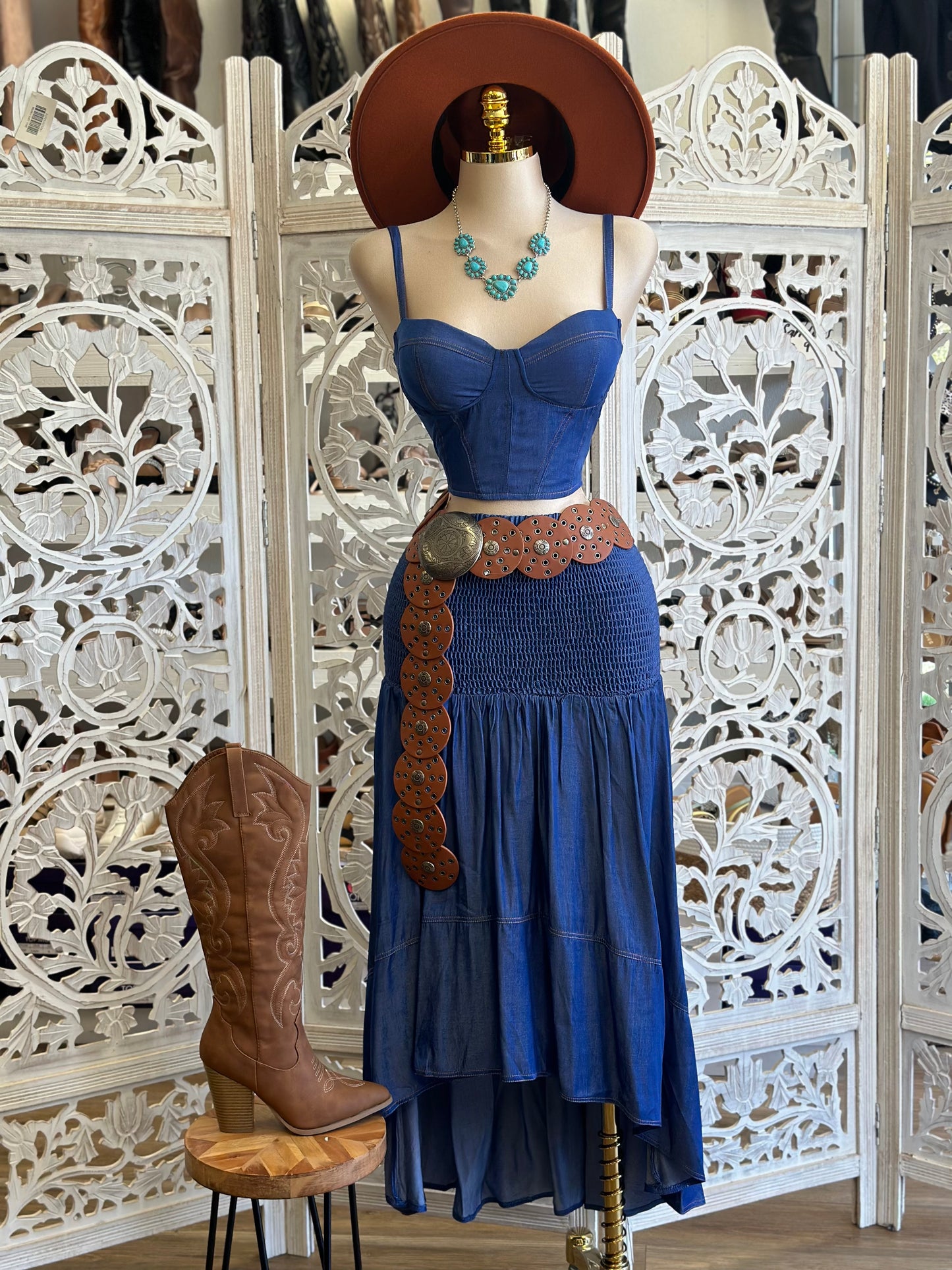 Denim Blue Smocked Set- Stretchy, Estira