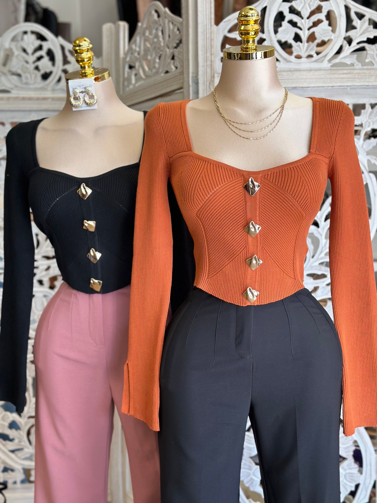 Ribbed Asymmetrical Gold Button Top- Stretchy,Estira