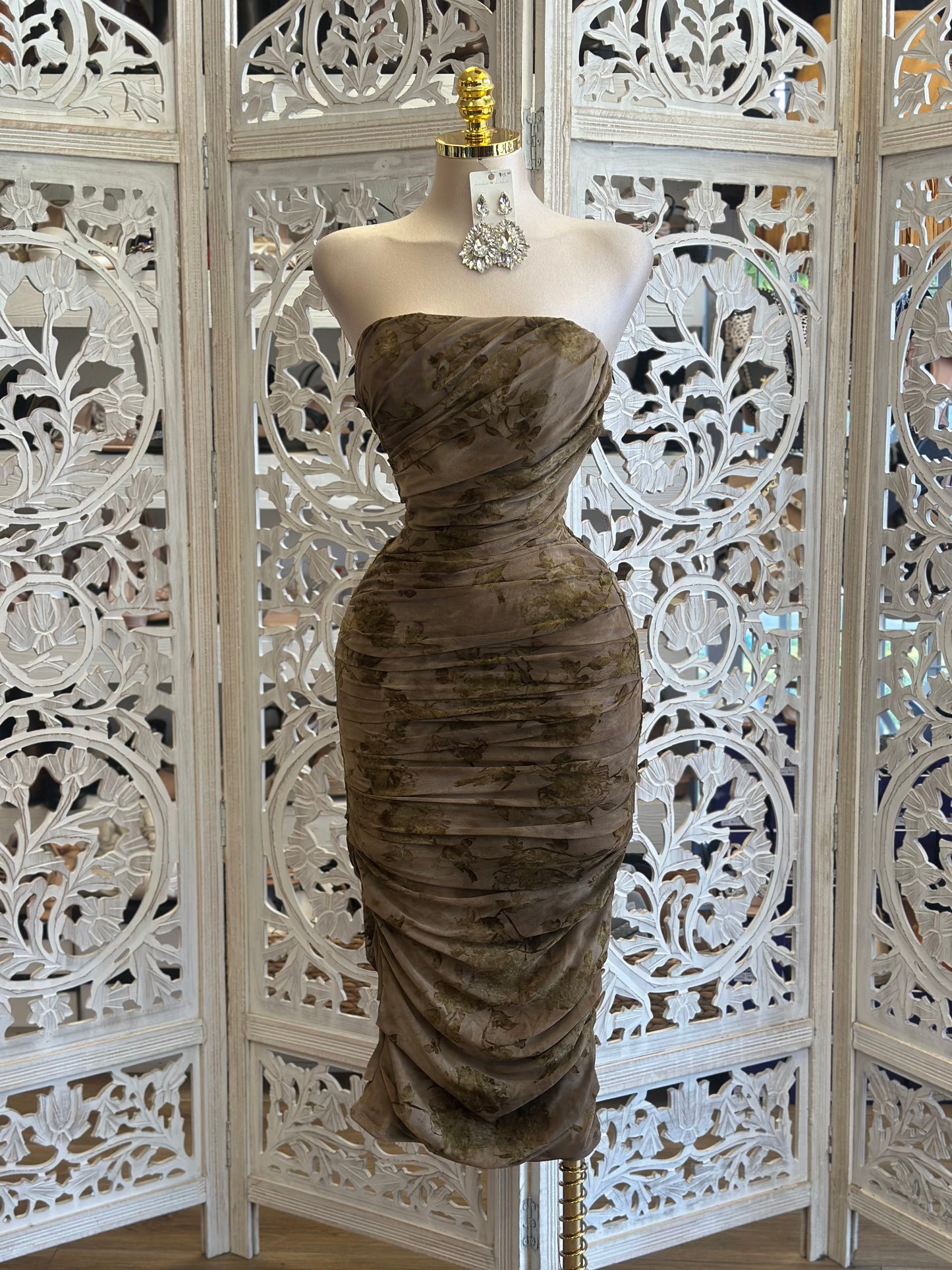 Strapless Taupe Floral Midi Dress- Stretchy , Estira