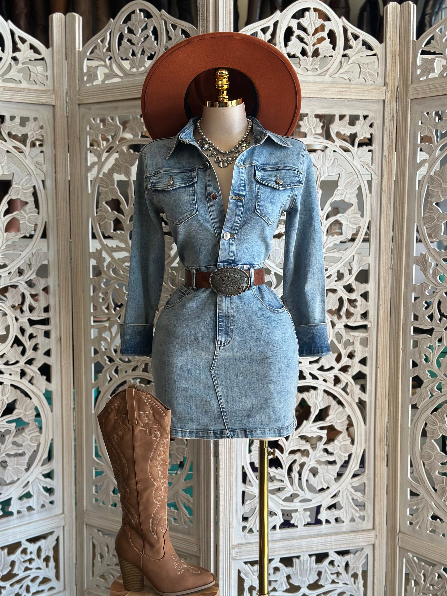 Light Denim Button Mini Dress- Stretchy,Estira