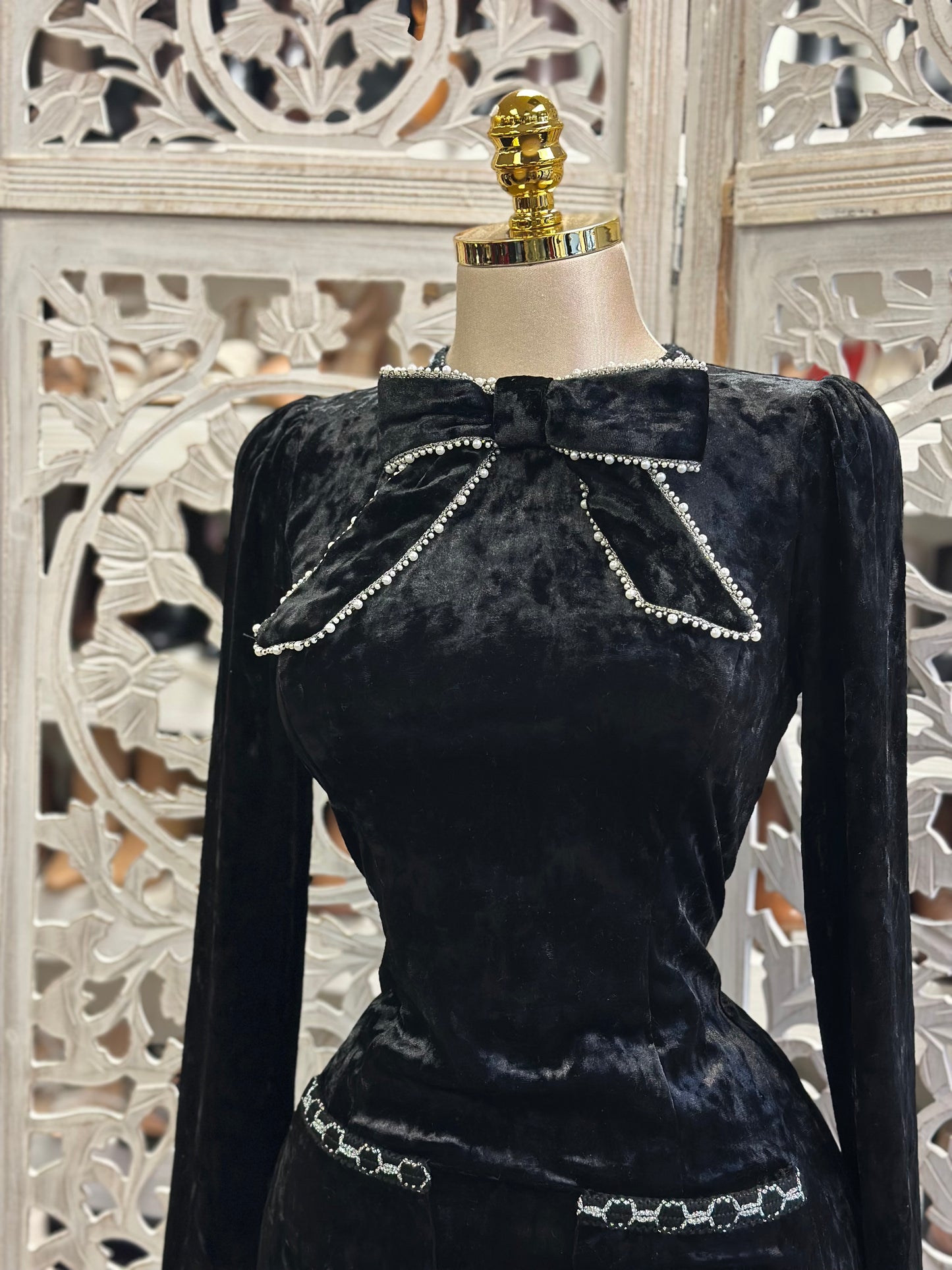 Velvet Bow Embellished Night Dress- Stretchy,Estira