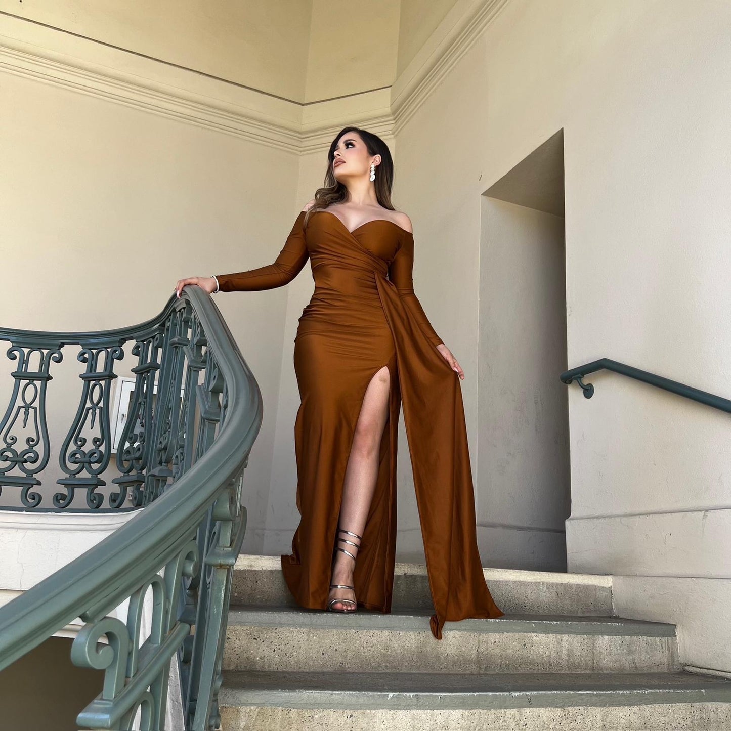 Rust Formal High Slit Ruched Dress- Stretchy,Estira