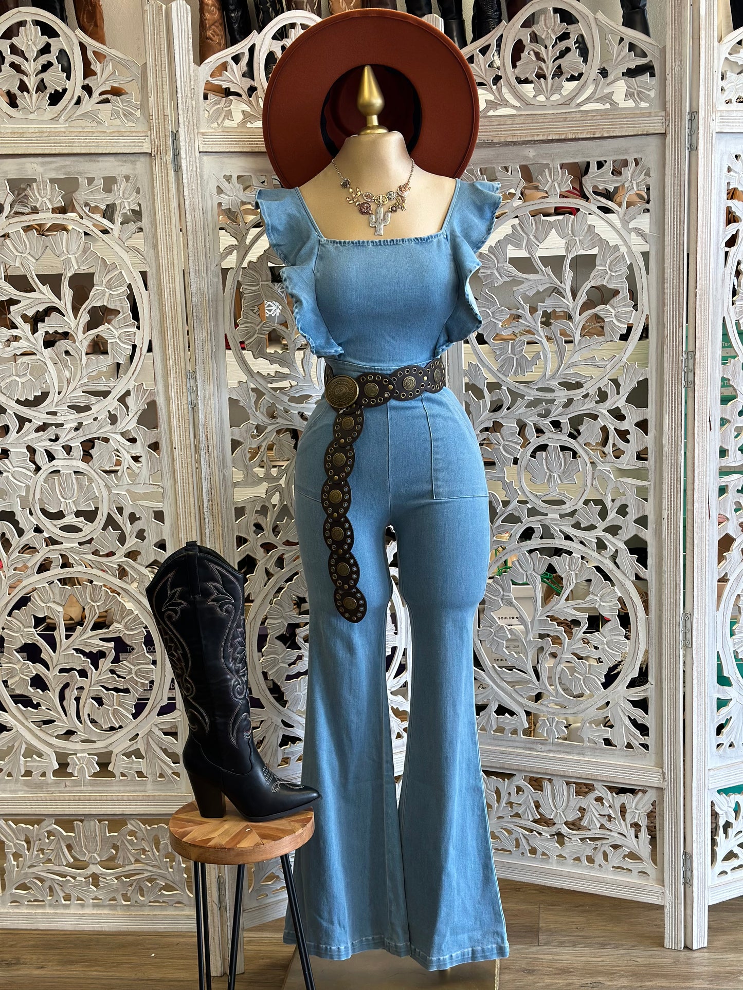 Ruffle Sleeve Light Denim Jumpsuit- Stretchy, Estira