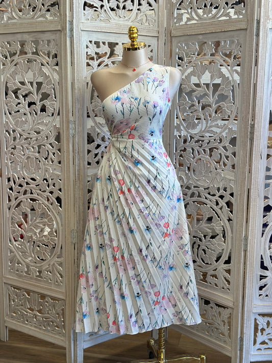 Pleated Floral Midi One Sleeve Dress- Not Stretchy , No Estira