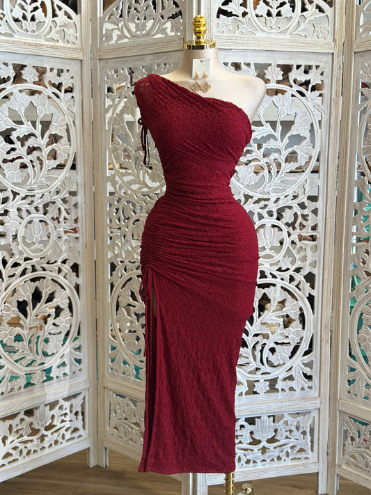 Burgundy Lace Asymmetrical Dress- Stretchy, Estira