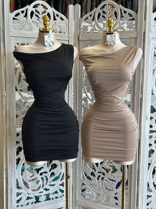 Asymmetrical Solid Mini Dress- Stretchy,Estira