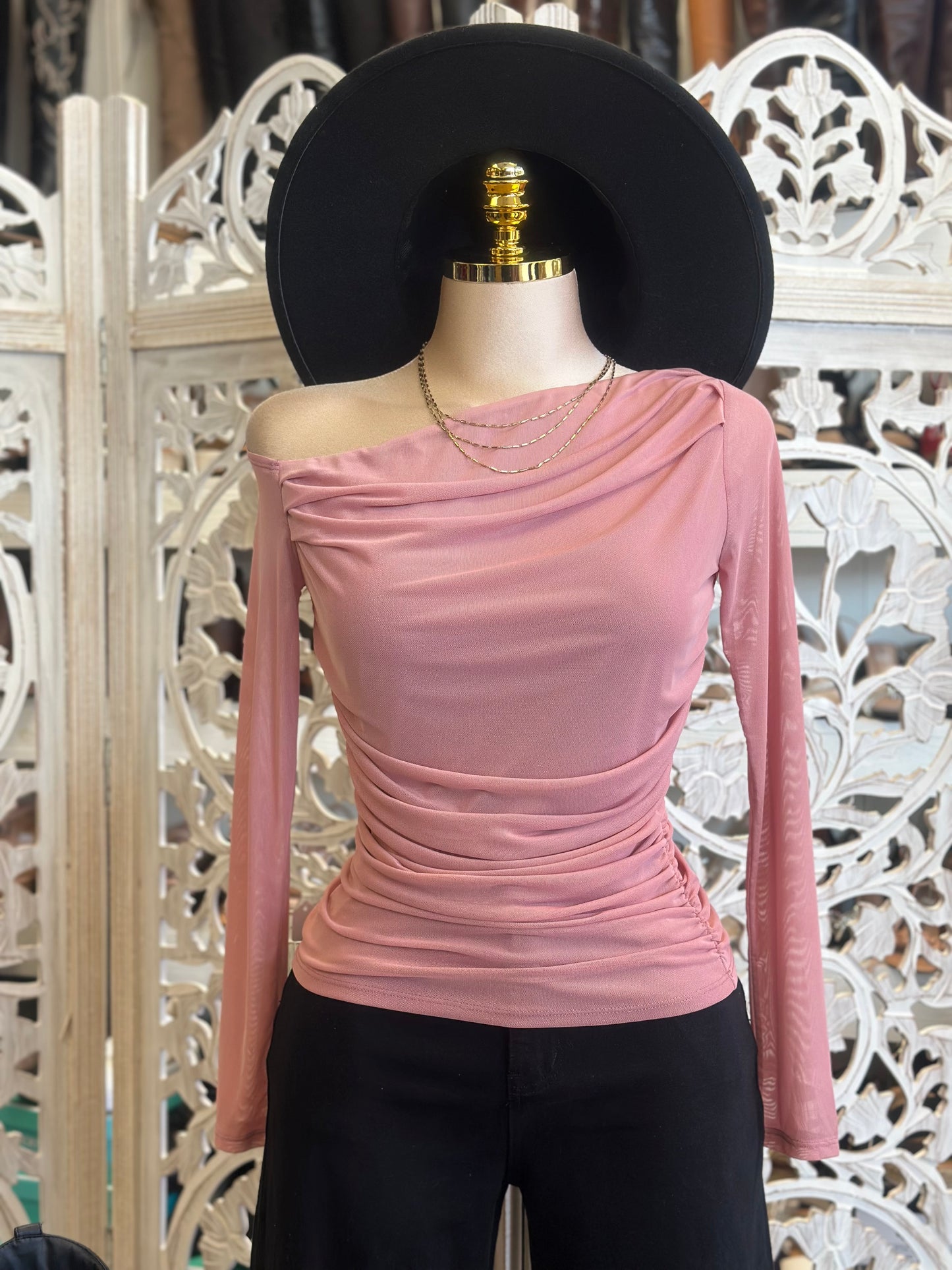 Pink Asymmetrical Long Sleeve Blouse- Estira, Stretchy