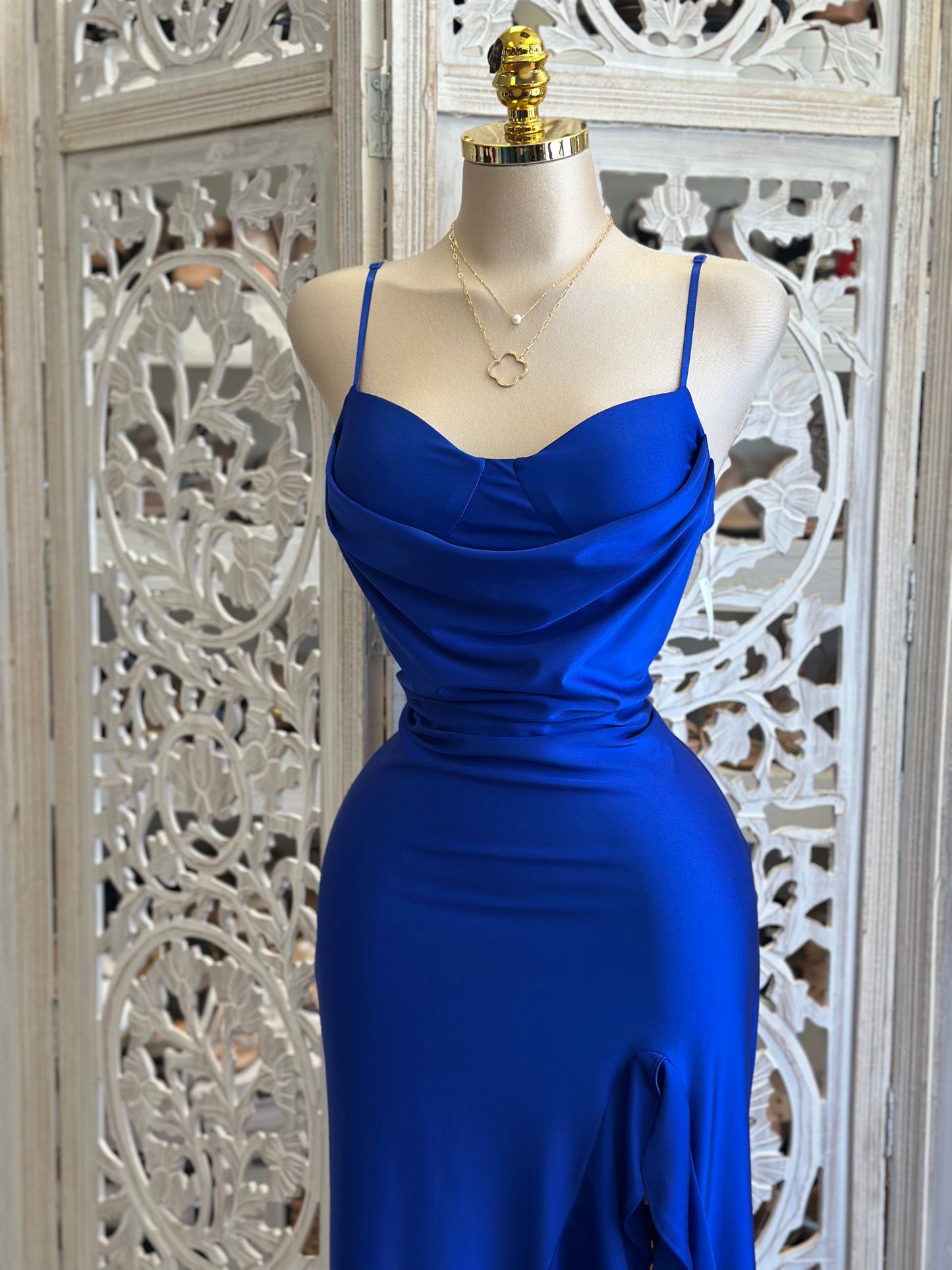 Royal Blue Ruffle Slit Cami Midi Dress - Estira, Stretchy