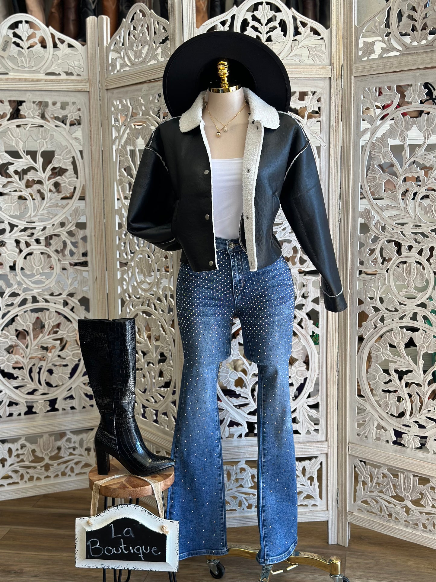 Sherpa Lined Faux Leather Jacket- Stretchy,Estira