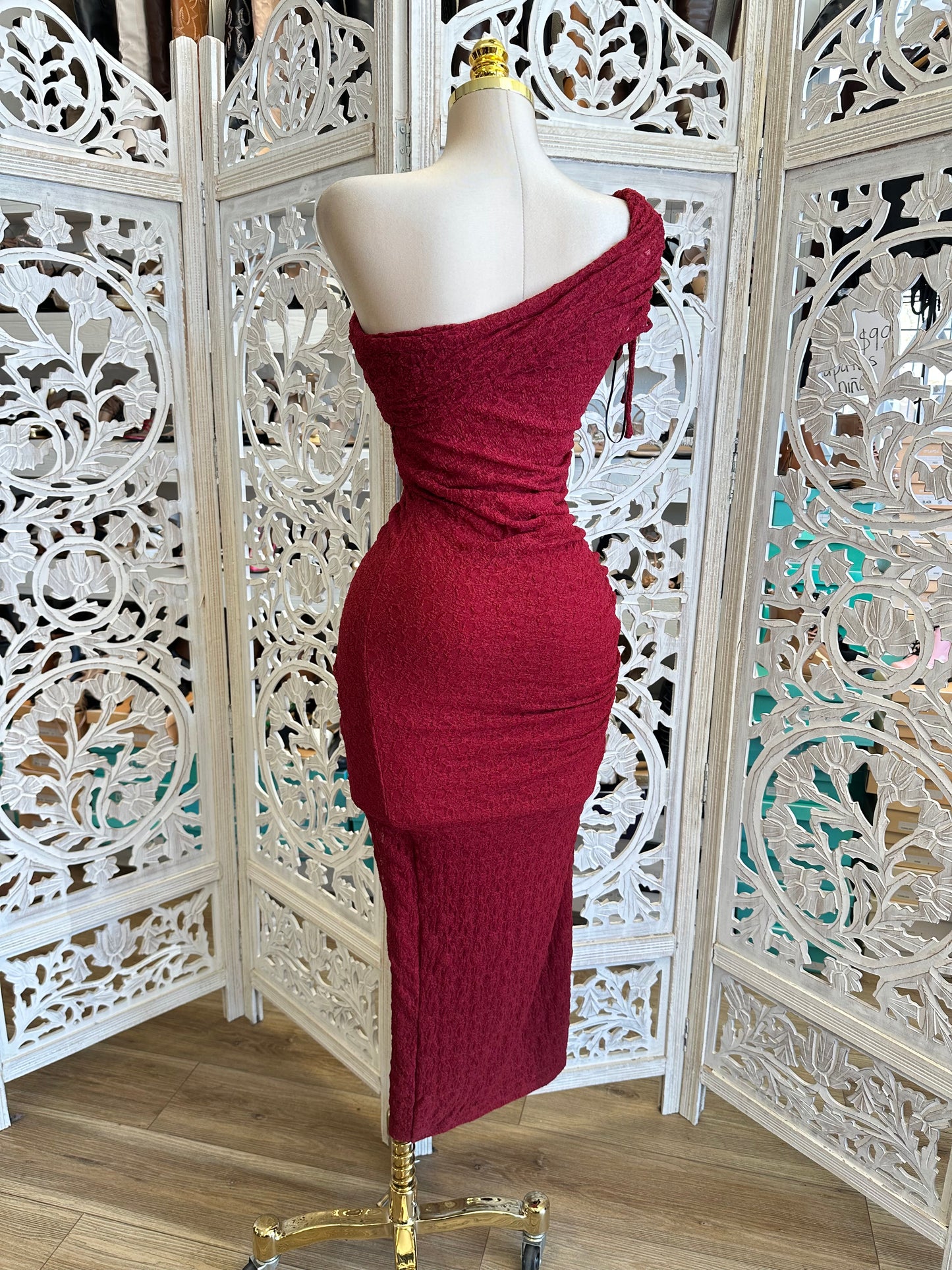 Burgundy Lace Asymmetrical Dress- Stretchy, Estira