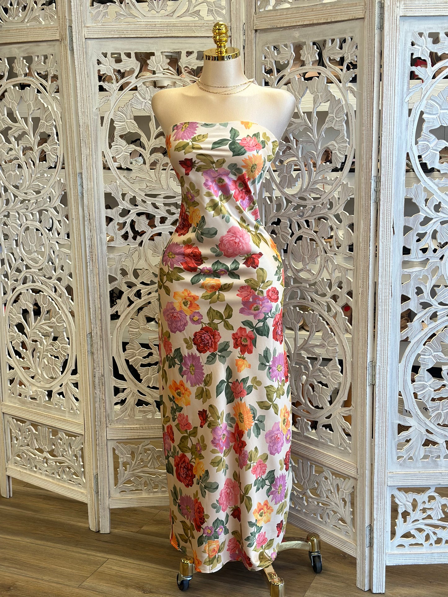 Strapless Satin Floral Multi Color Dress- Not Stretchy,No Estira