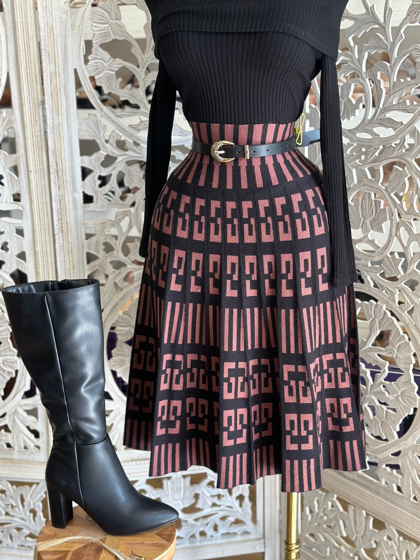 Geometric Mauve Midi Skirt-Estira, Stretchy