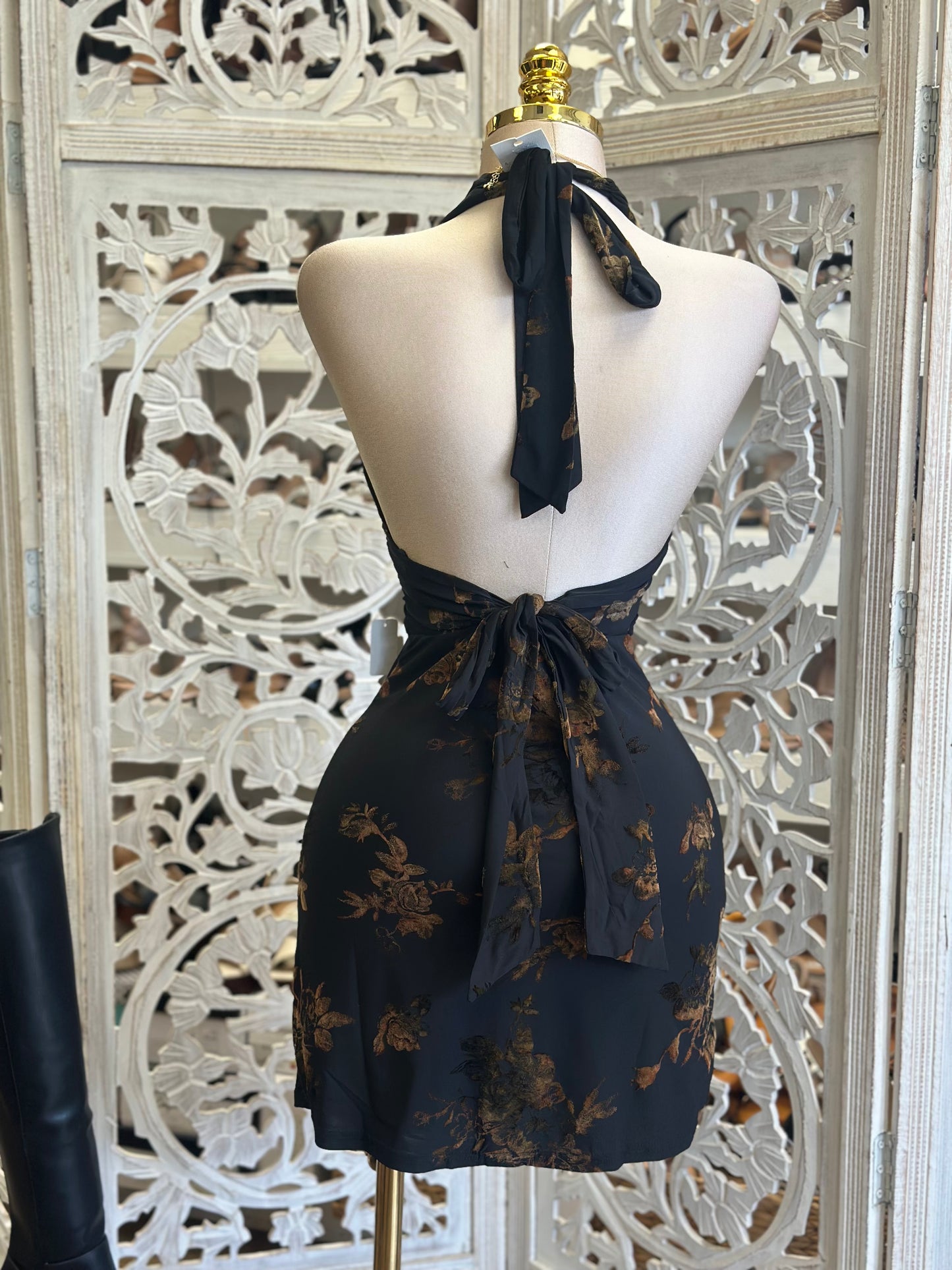 Deep V Open Back Fall Floral Mini Dress - Estira , Stretchy