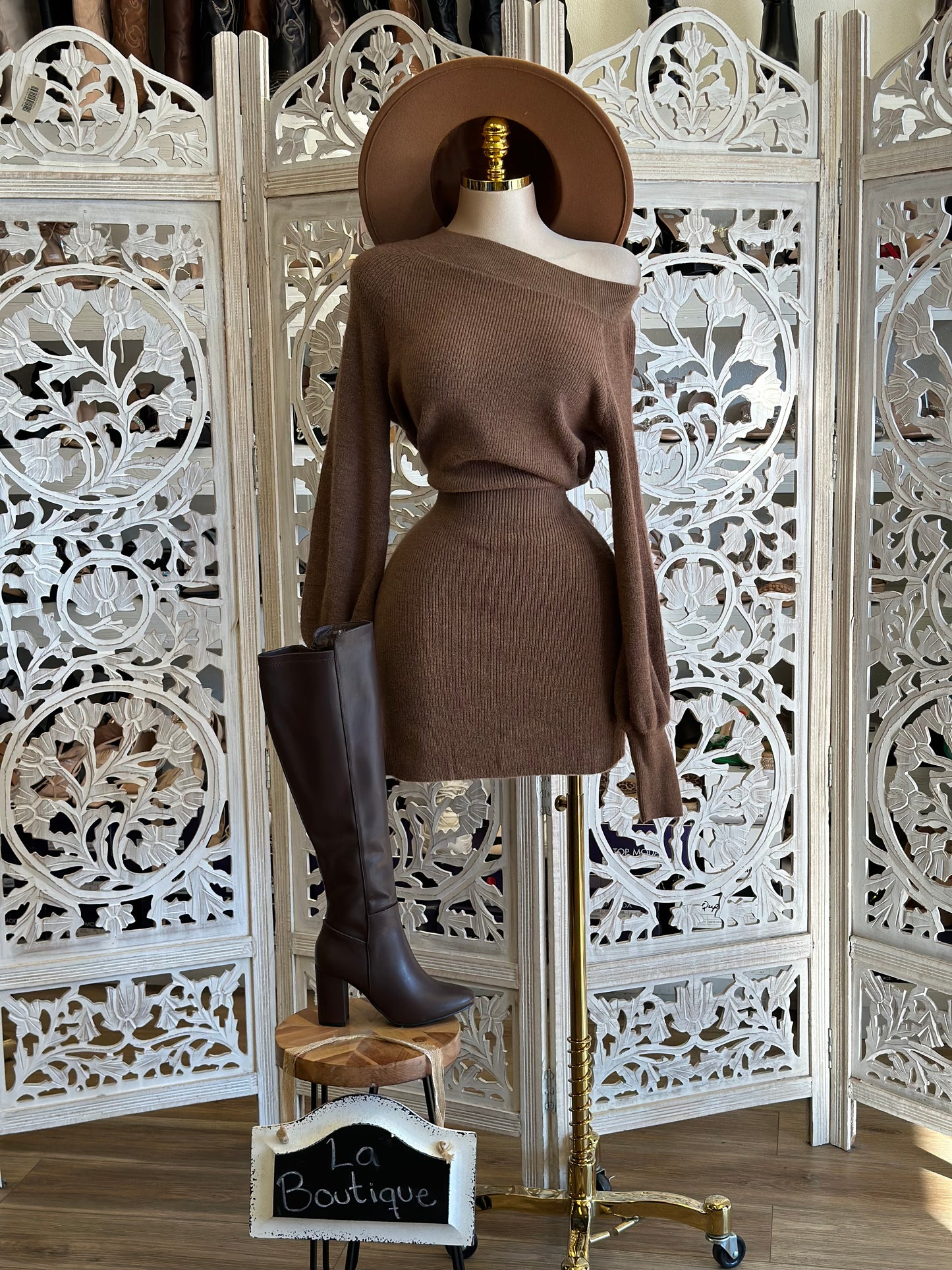 Draped Shoulder Brown Sweater Dress- Stretchy,Estira