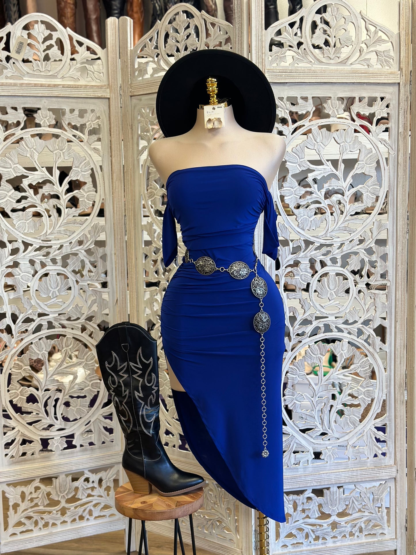 Royal Blue Off Shoulder Midi Slit Dress - Estira, Stretchy