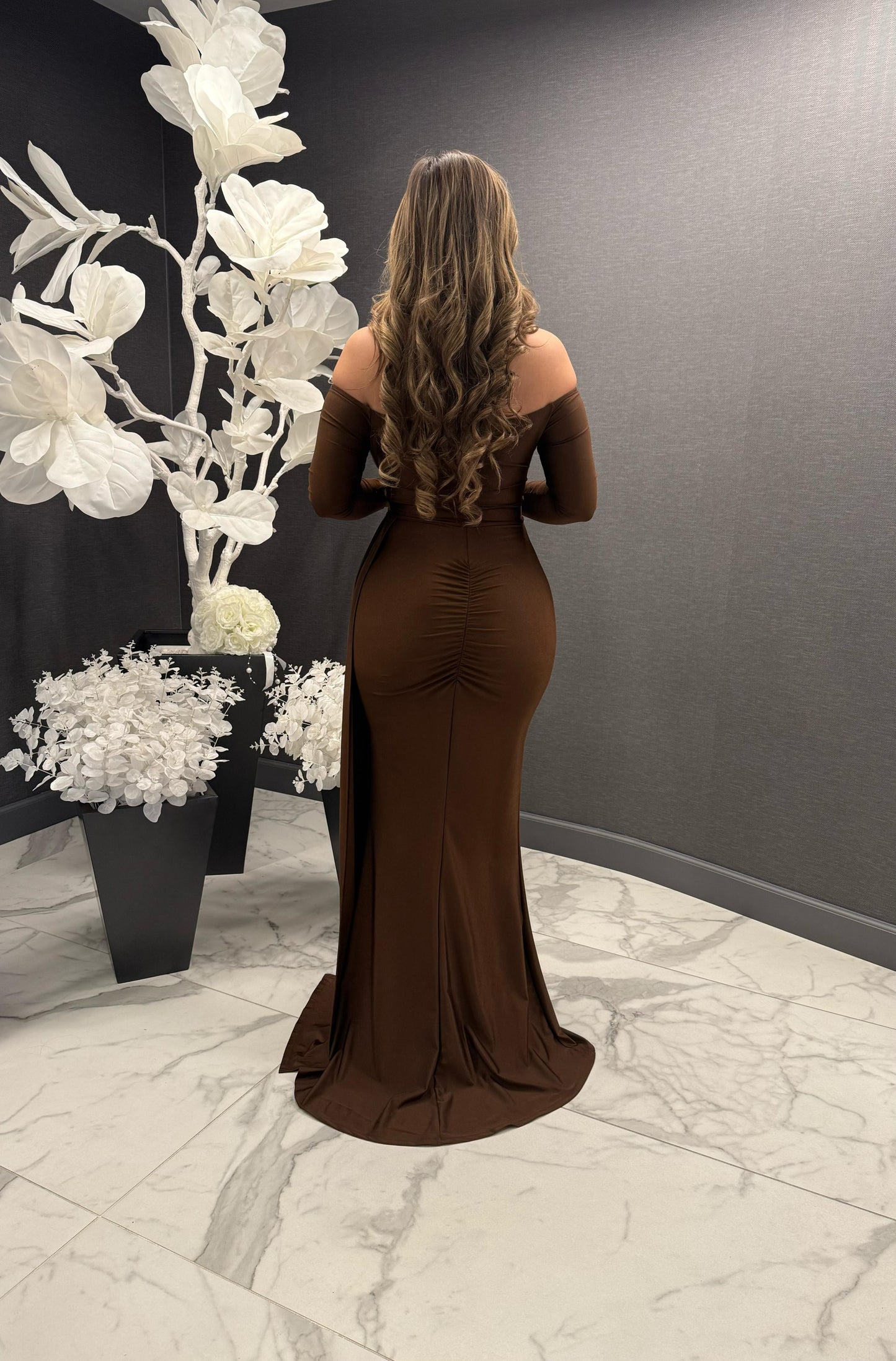 Deep Brown Wrapped Formal Dress- Stretchy,Estira