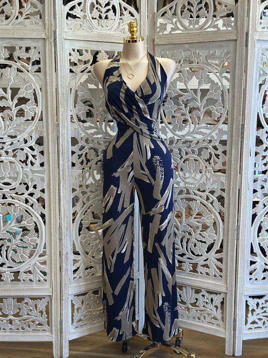 Deep Blue Pattern Jumpsuit - Stretchy,Estira