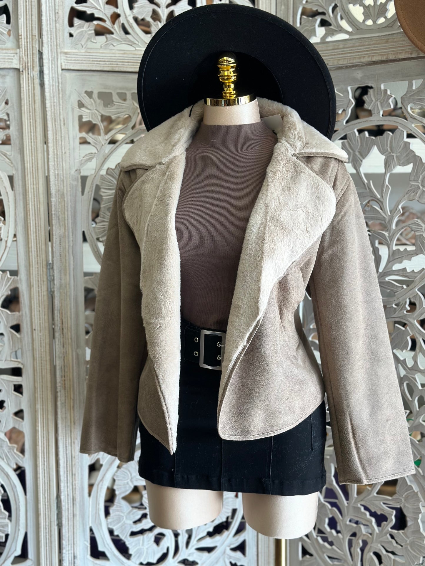 Beige Fuzzy Suede Balzer Jacket- Stretchy, Estira