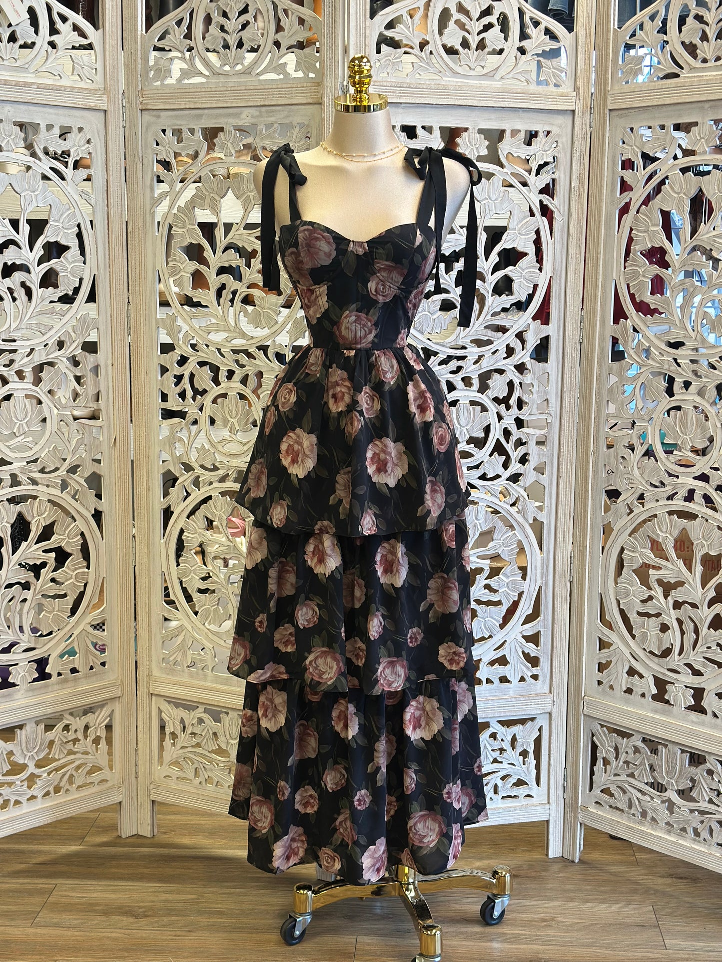 Ribbon Strap Blush Floral Dress -Stretchy,Estira