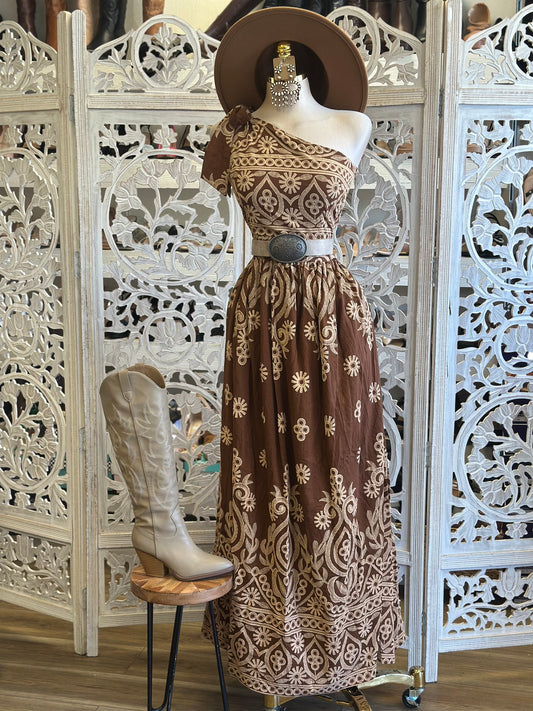 Boho One Sleeve Maxi Pattern Dress- No Estira, Not Stretchy